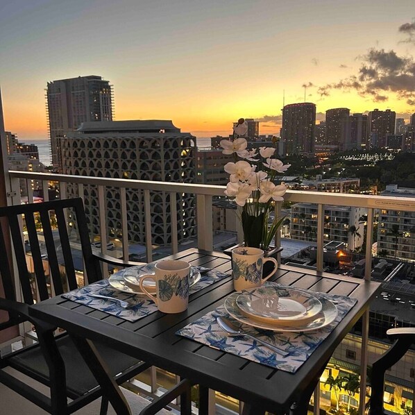 You can dine on the lanai enjoying a beautiful sunset.
