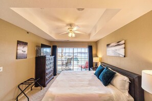 The king suite features deck access, a Smart TV, & private ensuite