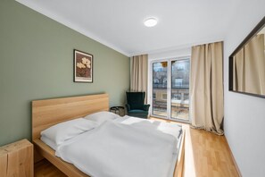 Soft and comfy double bed with room darkening shades.