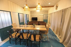 A dining and living area with a calm atmosphere.
