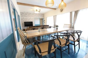 There are large windows throughout, making it very bright during the day.