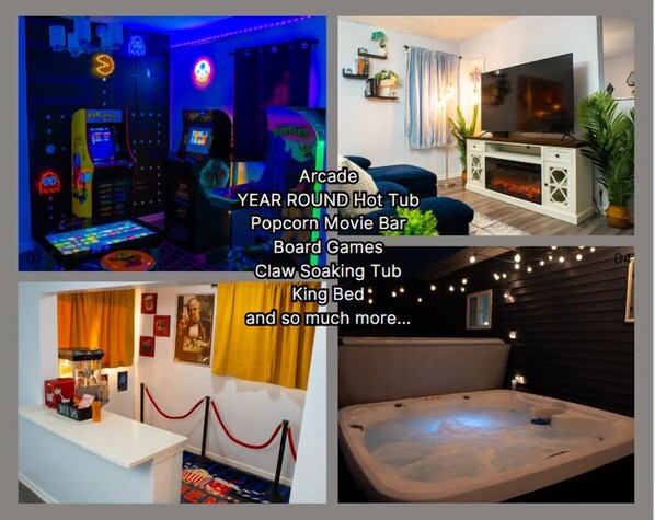 Everything you ever want! Arcade, Hot Tub, Popcorn themed movie bar, over 40 board games, Claw soaking tub, King bed, Fireplace, Bunk beds, Kids room, Full Kitchen and much more!