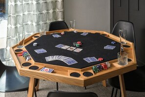 Poker table ready for friendly games or serious strategy.