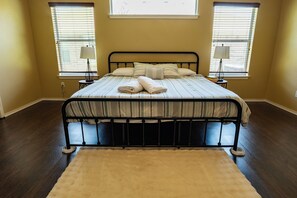 King size bedding in the master bedroom
