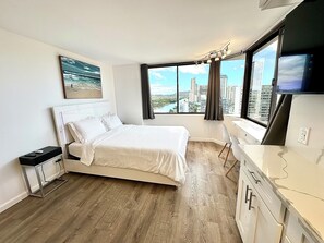 Bedroom, dining, & kitchenette with ocean & canal view