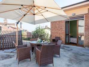 Furniture, Table, Building, Window, Shade, Outdoor Table, Chair, Sky, Flowerpot, Interior Design