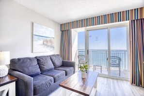 This beach oasis has a modern appeal which is sure to delight and enrich your senses.  There will be plenty of light and energy radiating within this oceanfront condo.  Couch folds out into queen sofa sleeper for those additional guests or kids.