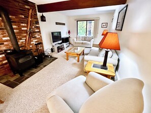 Cozy living room includes wood stove