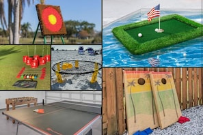 The outdoor fun is endless! From a NEW mini putt to bucket golf to a floating golf mat, we offer a variety of activities for the whole family. Enjoy a game of axe throwing, velcro toss and catch, a toddler golf set for the little ones, and more. 