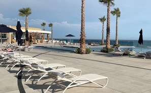 Sun deck and chaise lounge chairs.