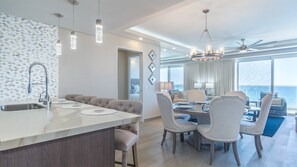 Kitchen counter and dining table.