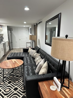 Spacious living room/kitchen/eating area combination area.