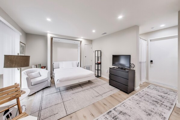 Your private studio oasis.  The murphy bed can be put up if you need more space. 
