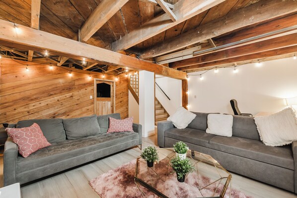 Our cozy living room is located on the basement