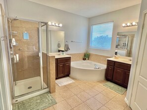Master bedroom bathroom with one shower, large bathtub, and two sinks