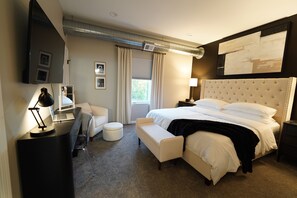 King bed, black out window treatments, work space