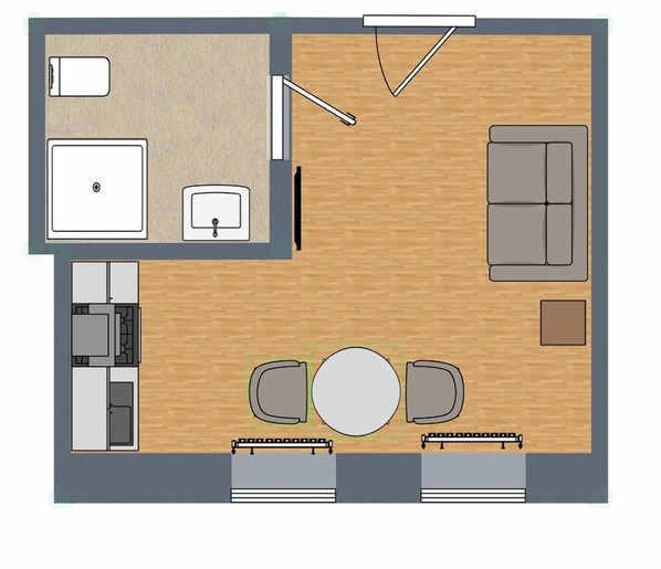 Efficient floor plan with private bathroom and kitchen in the N°8A Boardinghouse Lüneburg