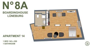 Spacious floor plan with private bathroom and kitchen in the N°8A Boardinghouse Lüneburg