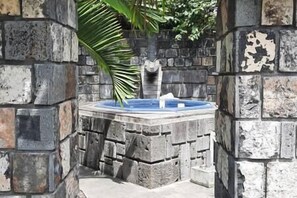 Bain à jets en pierre de lave intimisé avec sa douche interieure.