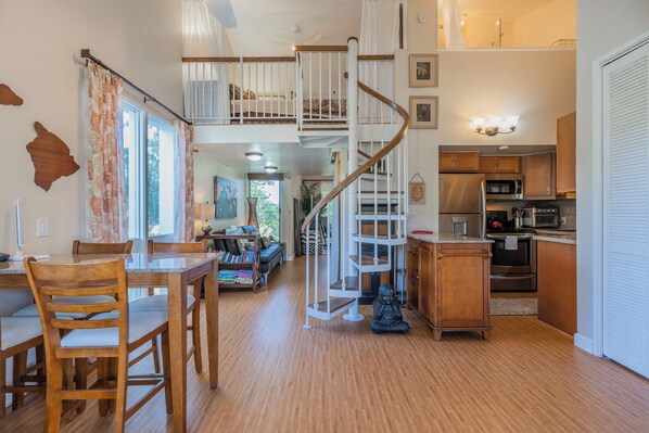 Kitchen/Dining Space w/View of 1 Bedroom Loft Above
