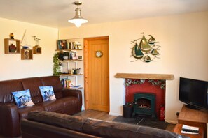 Living room area, with x2 leather sofas, electric fireplace and TV