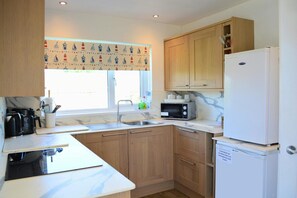 Cooker, microwave, toaster, fridge, sink and kitchen cabinets