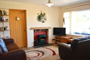 Living room area, with x2 leather sofas, electric fireplace and TV