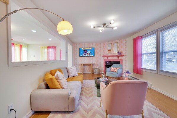 Living Room: A colorful, retro-inspired