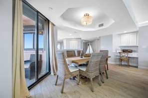 Dining area for six and a work space