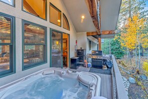 Exterior: 6-person hot tub, upper-level rear-facing deck
