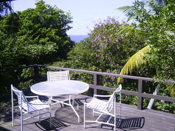 Large private deck/patio with ocean views and dining area.