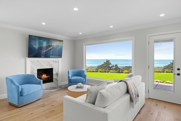Million dollar view with a fireplace in our living room