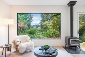 Nature's embrace meets fireplace warmth for pure tranquility.