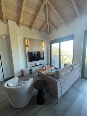 Comfortable living space with built-in TV