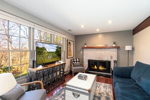 Cozy up with a fire while watching a favorite movie