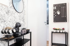 Coffee bar with espresso pods, and dining set