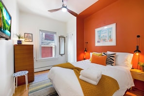 Stylish 2nd bedroom with a queen bed, equipped w ceiling fan,HD tv, large closet