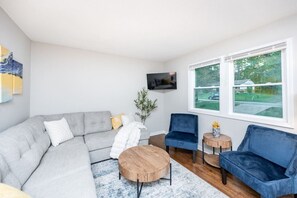 Your new plush couch pulls out to a comfortable full sized bed.