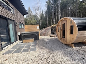 Private Hot Tub and Private Cedar Barrel Sauna in backyard