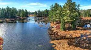 At the end of the peninsula is a small dock.   You'll have a rowboat and kayaks for exploring the Pond and fishing.  We supply fishing poles and tackle too!