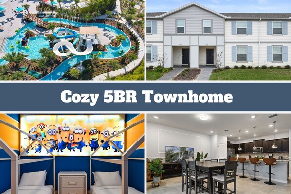 Family-friendly 5BR townhome with themed rooms, resort pool, and modern kitchen.