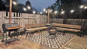 At night, plug in the lights for some added ambiance as you enjoy time spent outside on the deck. Fire pit is optional but, a great way to end the day w/ some s'mores. 