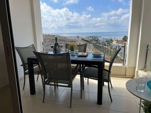 Dining area with magnificent sea and beach views