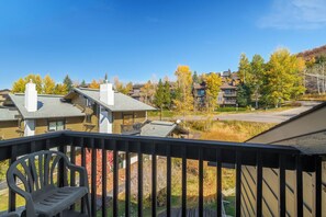 Through the sliding doors, you will find the patio that overlooks the lower Hillsider complex and mountain landscape.
