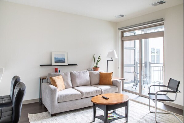 Comfortable living area with flexible seating and workspaces