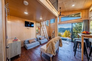 From the living room looking out to the valley below. The 2 sofa chairs make into twin beds that rest on the floor.