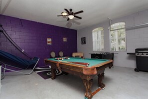 Game Room, Downstairs
Pool Table, Foosball, Basketball Hoops