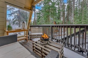 Exterior: Private deck, outdoor seating gas BBQ, bistro lighting
