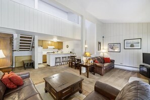 A view of the kitchen from the living area