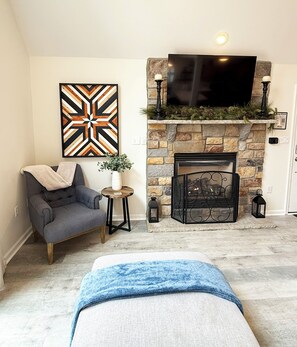 Snuggle up next to the gas-powered fireplace.